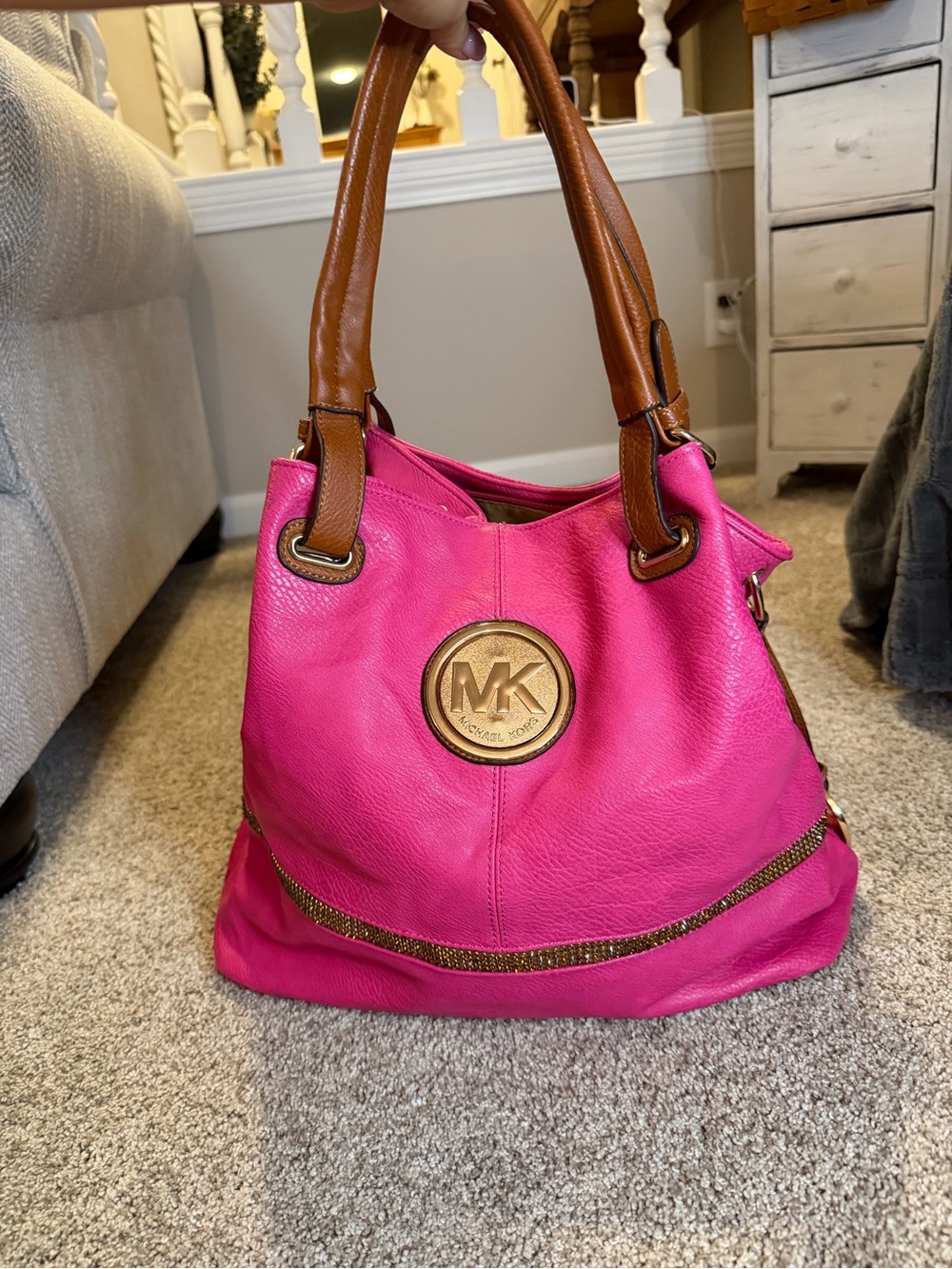 Michael Kors Hot Pink Rhinestone Logo Large Shoulder Tote Bag Gold Hardware